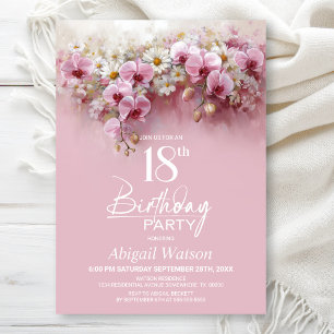 Pink Orchid Floral 18th Birthday Party Invitation