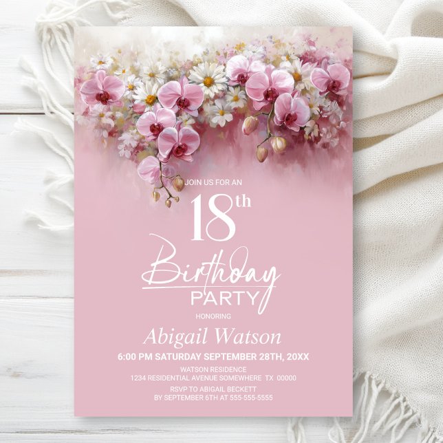 Pink Orchid Floral 18th Birthday Party Invitation (Creator Uploaded)