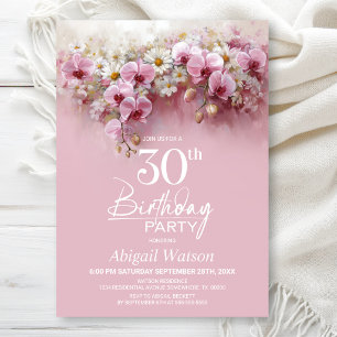 Pink Orchid Floral 30th Birthday Party Invitation