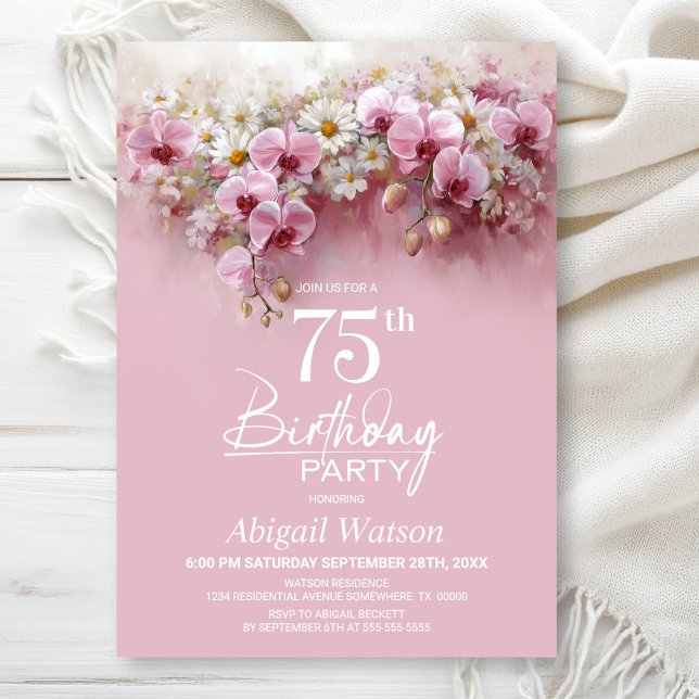 Pink Orchid Floral 75th Birthday Party Invitation (Creator Uploaded)