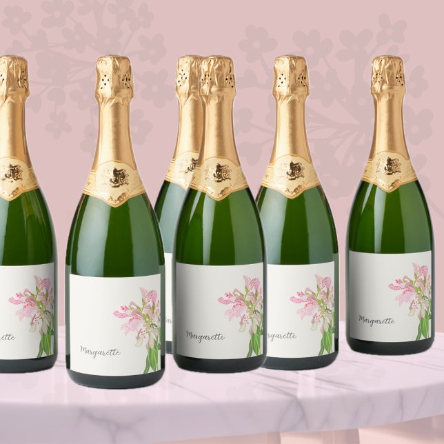Pink Orchid Floral Design – Elegant Botanical Art Sparkling Wine Label (Creator Uploaded)