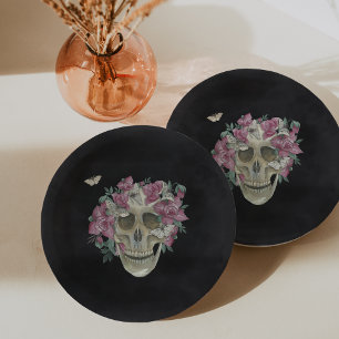 Pink Orchid Floral Skull Halloween Party Paper Plate