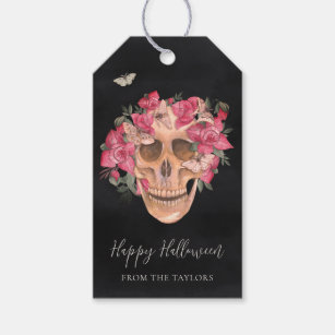 Pink Orchid Floral Skull Personalised Halloween Gift Tags