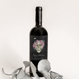 Pink Orchid Floral Skull Personalised Halloween Wine Label