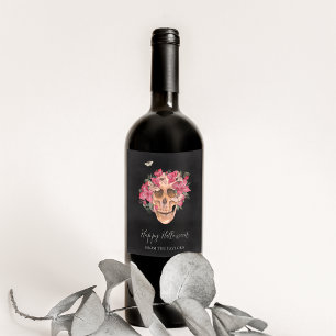Pink Orchid Floral Skull Personalised Halloween Wine Label