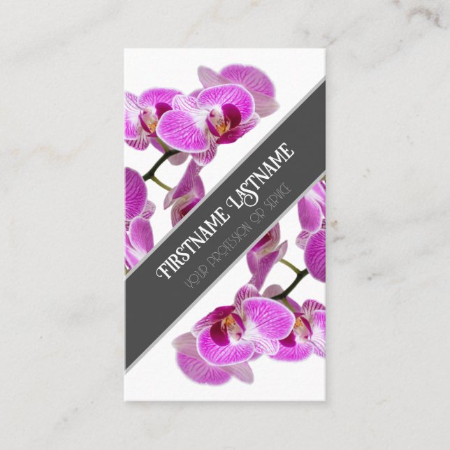 Pink orchid flower blossoms elegant grey diagonal business card (Front)