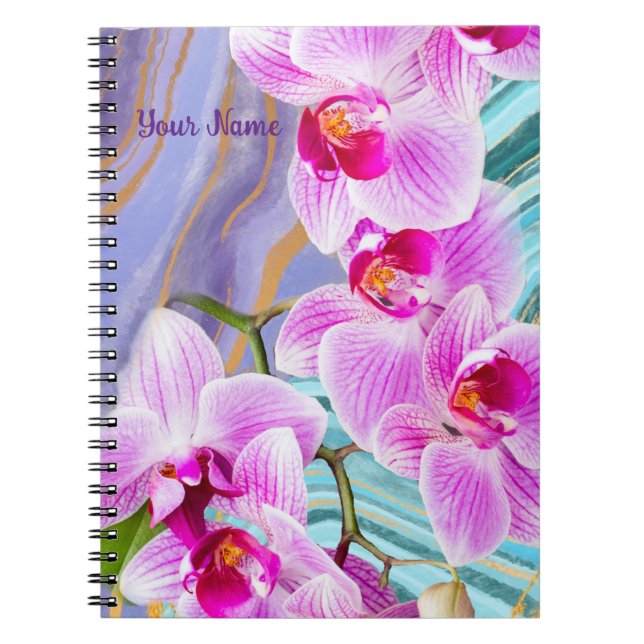Pink Orchid Flower Purple Marble Personalised Notebook (Front)