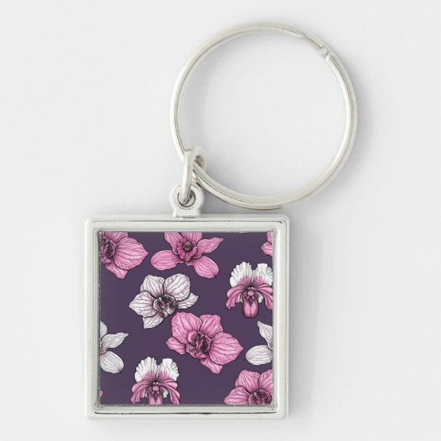 Pink orchid flowers key ring (Front)
