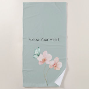 Pink Orchid Flowers Mint Green Butterfly Beach Towel