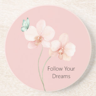 Pink Orchid Flowers Mint Green Butterfly Coaster