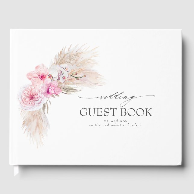 Pink Orchid Flowers Pampas Grass Wedding Guest Book (Front)