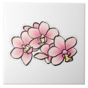 Pink Orchid Flowers Watercolor Design Ceramic Tile