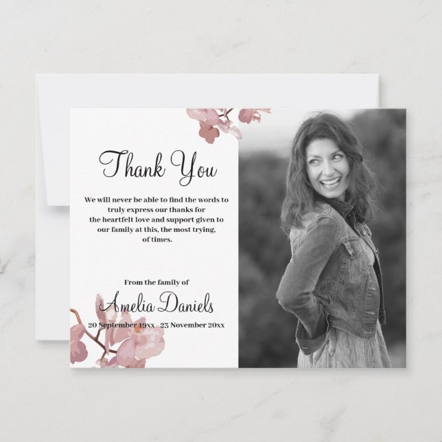 Pink Orchid In Memory Thank You Card (Front)