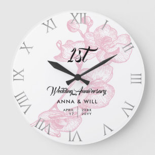 Pink Orchid Ink Sketch Elegant Wedding Anniversary Large Clock