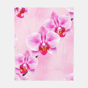 Pink Orchid Pattern Tropical Floral Soft Pastel Fleece Blanket