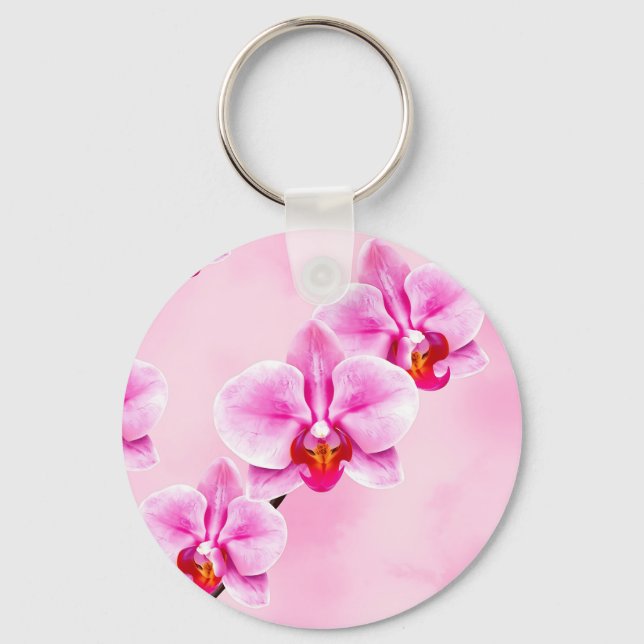 Pink Orchid Pattern Tropical Floral Soft Pastel  Key Ring (Front)