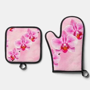 Pink Orchid Pattern Tropical Floral Soft Pastel Oven Mitt & Pot Holder Set