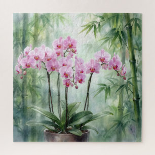 Pink Orchid Plant On Bamboo Background Jigsaw Puzzle