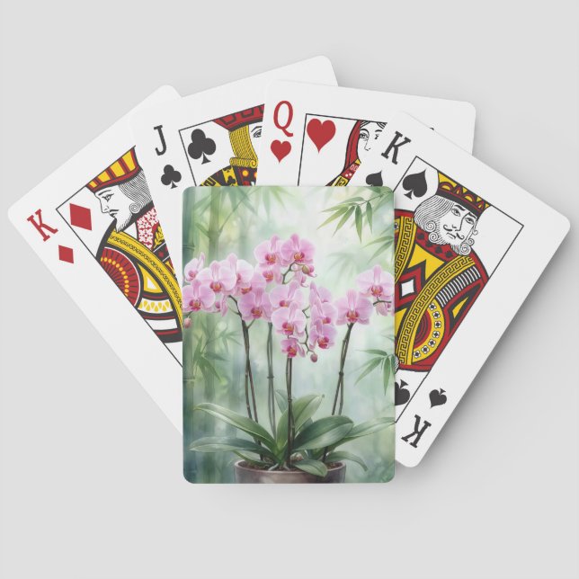 Pink Orchid Plant On Bamboo Background Playing Cards (Back)