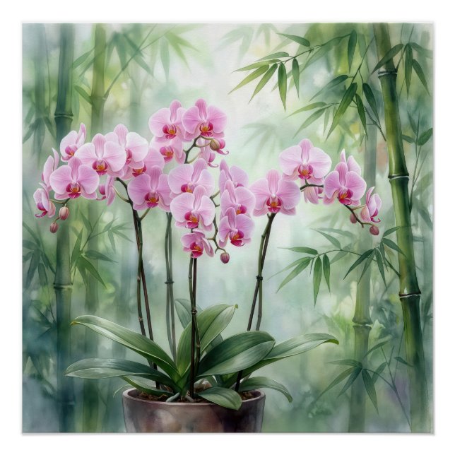 Pink Orchid Plant On Bamboo Background Poster (Front)