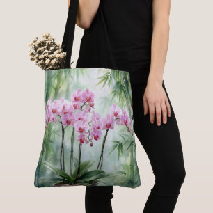 Pink Orchid Plant On Bamboo Background Tote Bag