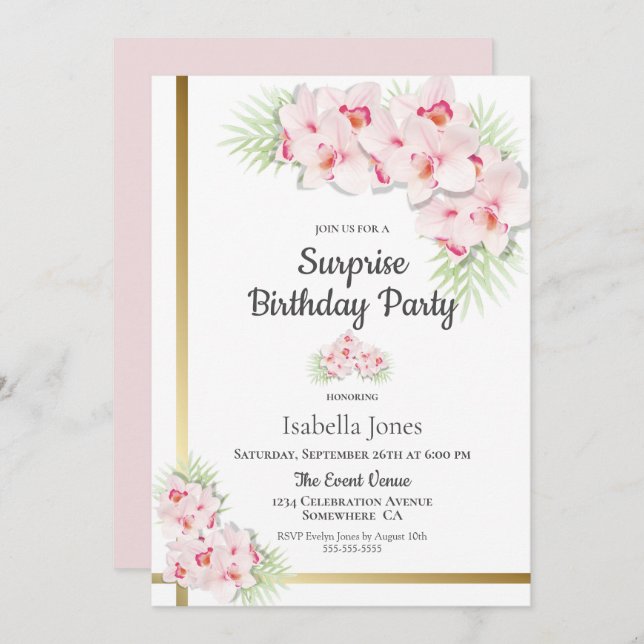 Pink Orchid Surprise Birthday Party Invitation (Front/Back)