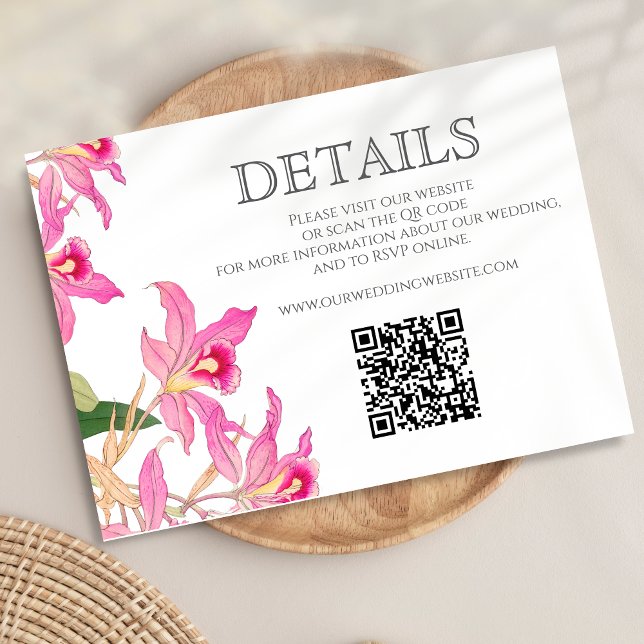 Pink Orchid Tropical Floral Wedding Website QR Enclosure Card (Creator Uploaded)
