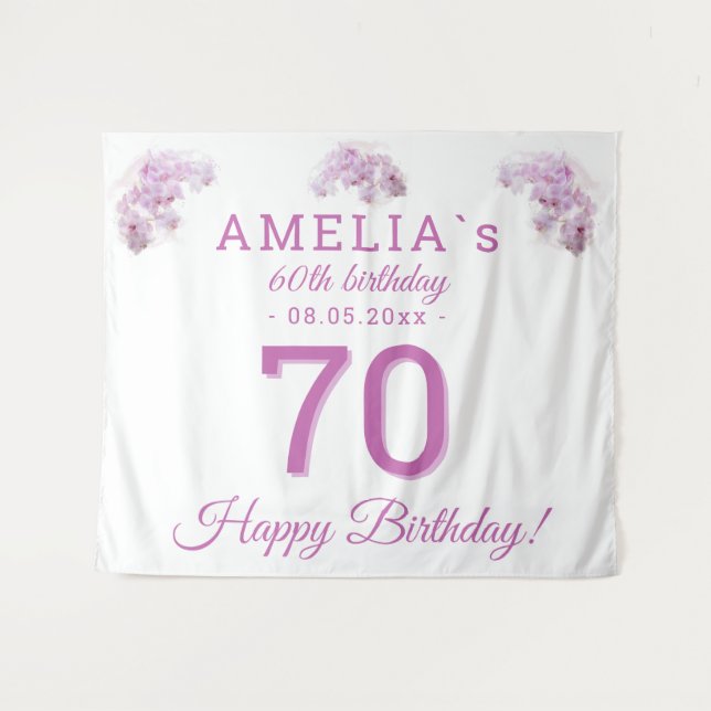 Pink Orchid Watercolor 70th Birthday Backdrop Tapestry (Front (Horizontal))
