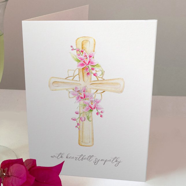 Pink orchid watercolor cross flowers condolences card (Creator Uploaded)