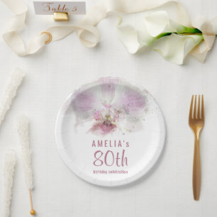 Pink Orchid Watercolor Floral 80th Birthday Party Paper Plate