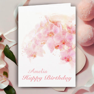 Pink Orchid Watercolor Flower Birthday Card