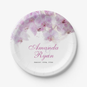 Pink Orchid Watercolor Flower Floral Wedding Paper Plate