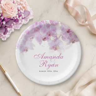 Pink Orchid Watercolor Flower Floral Wedding Paper Plate