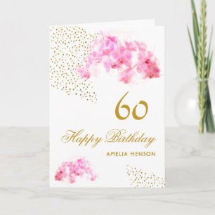 Pink Orchid Watercolor Gold Glitter 60th Birthday Card