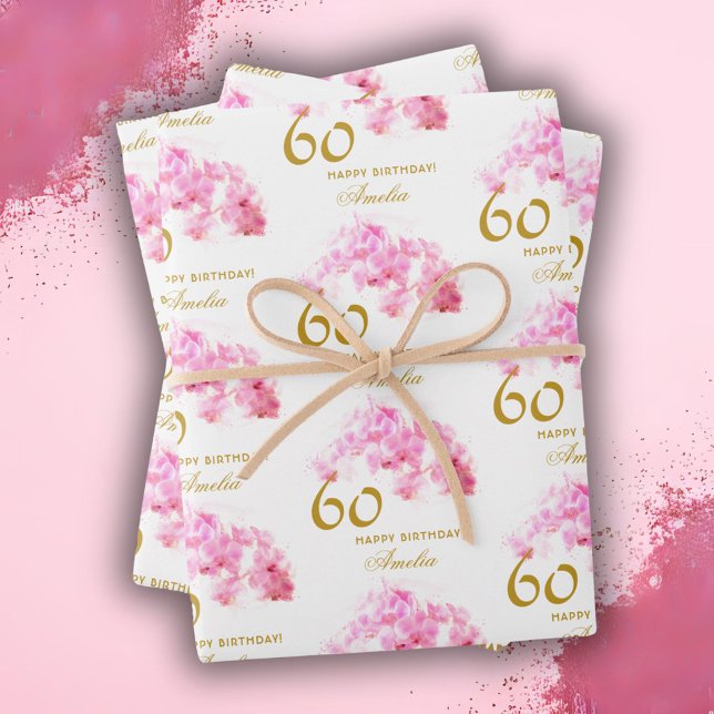 Pink Orchid Watercolor Gold Glitter 60th Birthday Wrapping Paper Sheet (Creator Uploaded)