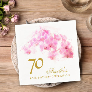 Pink Orchid Watercolor Gold Glitter 70th Birthday Napkin