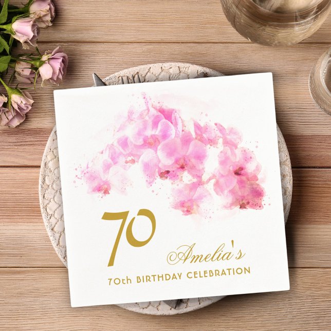 Pink Orchid Watercolor Gold Glitter 70th Birthday Napkin (Creator Uploaded)