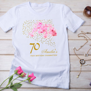 Pink Orchid Watercolor Gold Glitter 70th Birthday T-Shirt