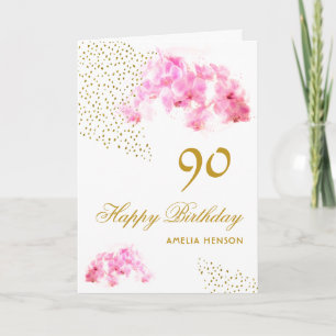 Pink Orchid Watercolor Gold Glitter 90th Birthday Card