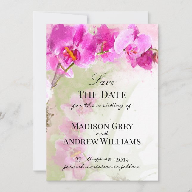 Pink Orchid Watercolor Splash Save the Date (Front)