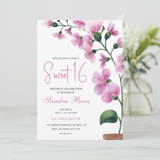 Pink orchid Watercolor Sweet 16 Invitation (Standing Front)