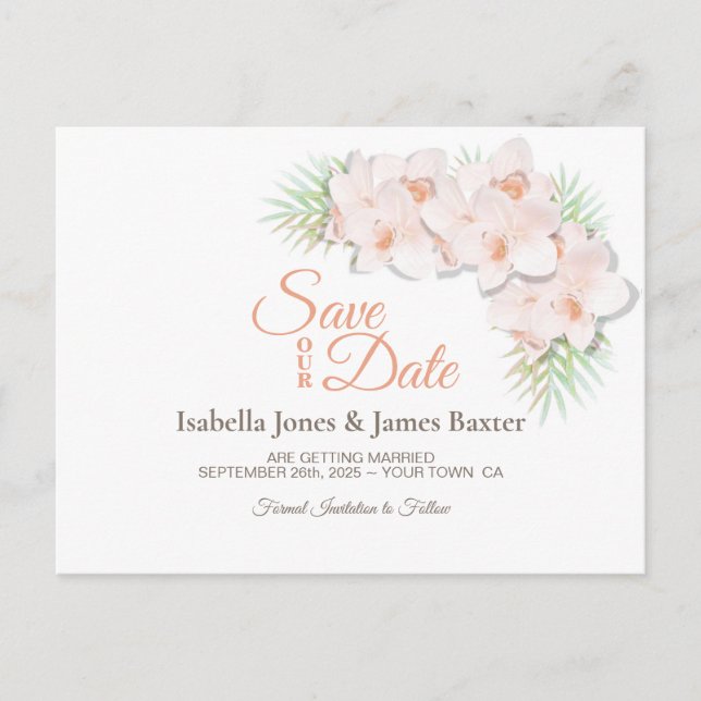 Pink Orchid Wedding Save the Date Announcement Postcard (Front)