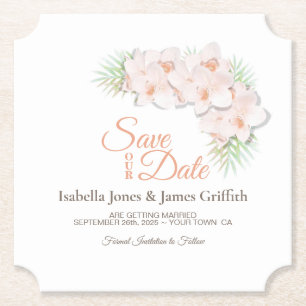 Pink Orchid Wedding Save the Date Paper Coaster