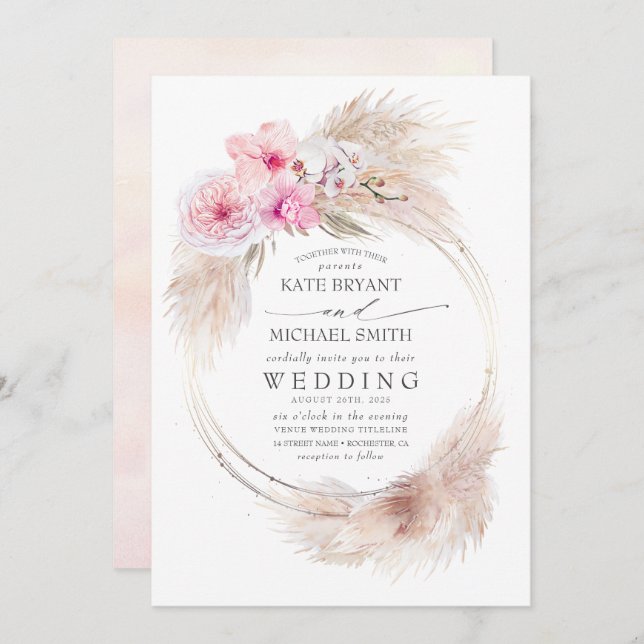 Pink Orchids and Pampas Grass Tropical Wedding Invitation (Front/Back)
