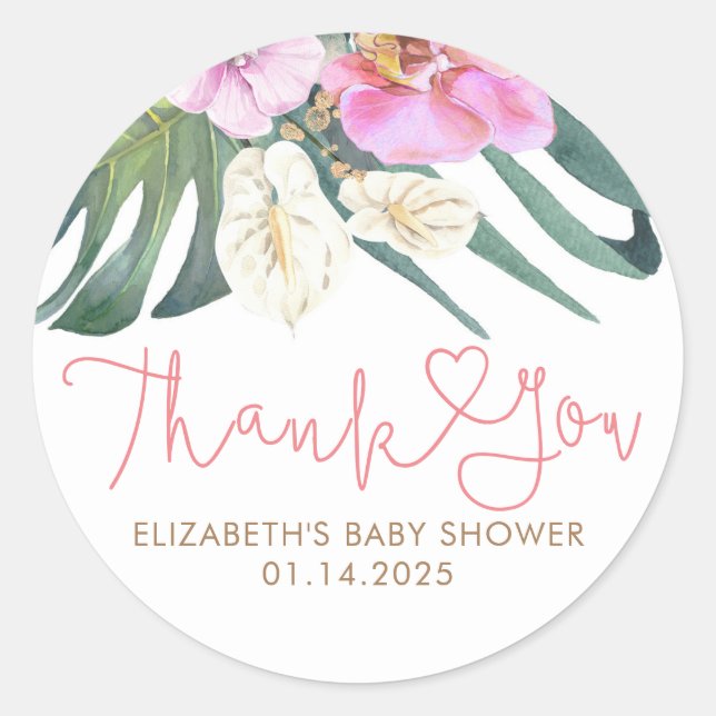Pink Orchids Anthuriums Tropical Thank You Classic Round Sticker (Front)