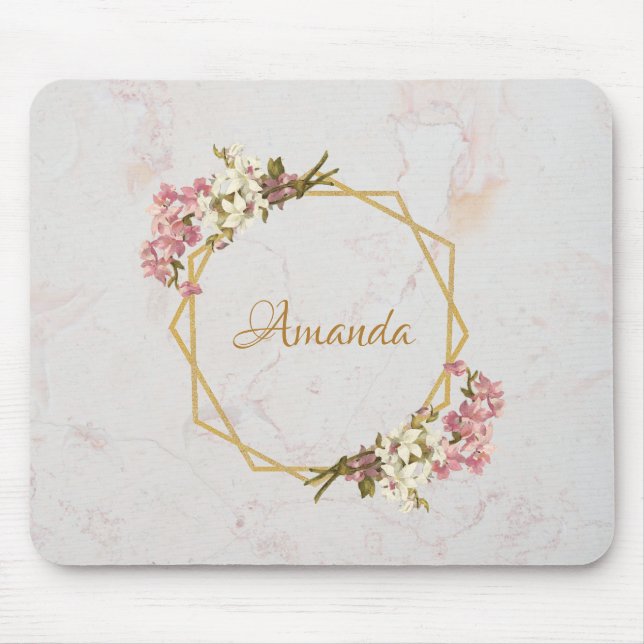 Pink Orchids Elegant Floral Girly Name Marble Gold Mouse Pad (Front)