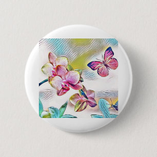 Pink orchids flowers and butterflies 6 cm round badge