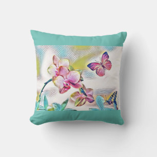 Pink orchids flowers and butterflies cushion
