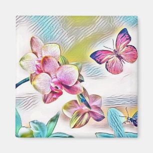 Pink orchids flowers and butterflies magnet