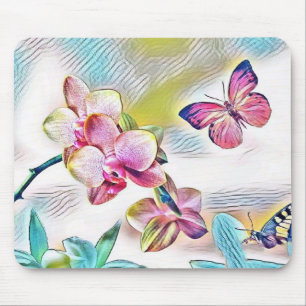 Pink orchids flowers and butterflies mouse pad